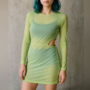 NWT Neon Green Blue Mesh Overlay L/S Bodycon Dress S Rave Whimsical Cut Out